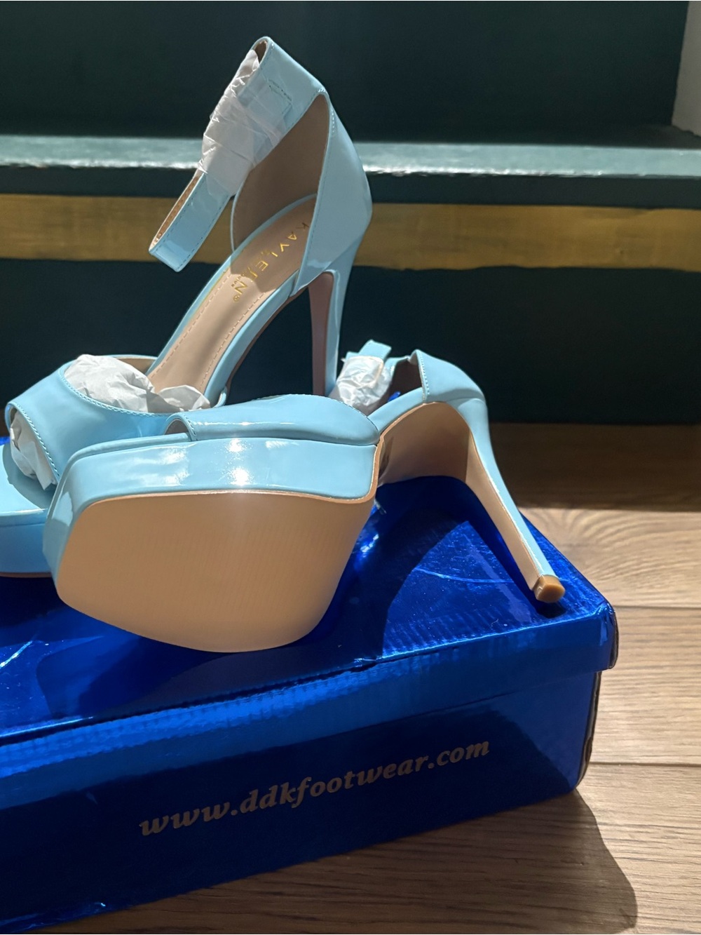 KAYLEEN By Los Angeles Light Blue Platform Peep-Toe Ankle Strap Heels